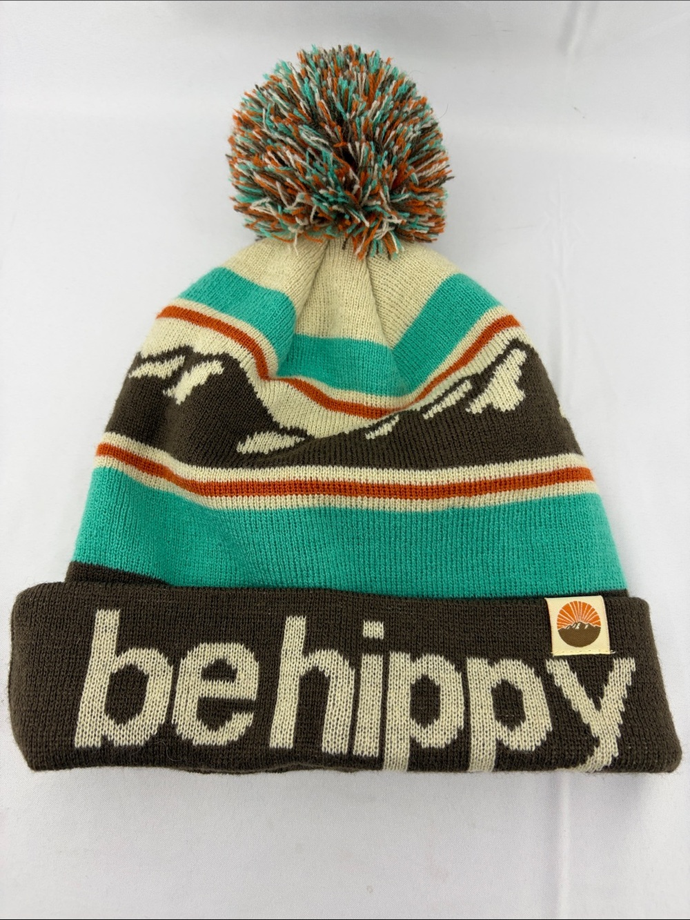 Be Hippy Old School Mountain Knit Pom Winter Beanie Hat Brown, Cream & Turquoise